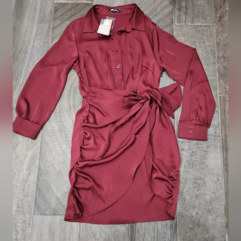 NWT! Elegant Burgundy Satin Button-Up Wrap Dress